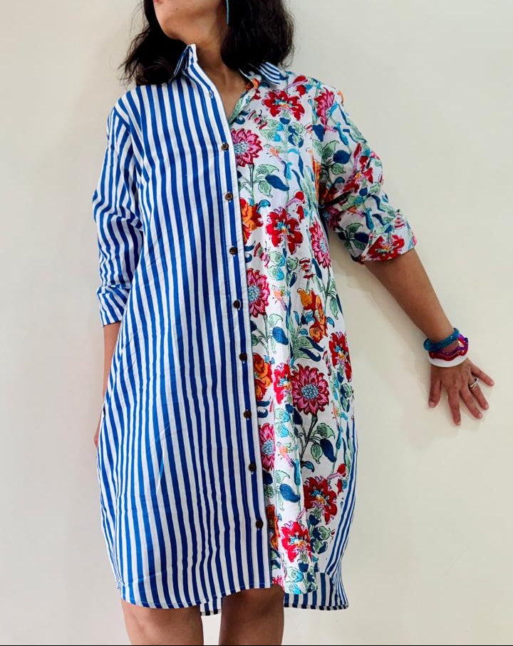 Floral & Stripes Shirt Dress