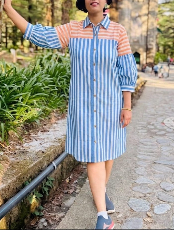 Blue & Peach Stripes Shirt Dress