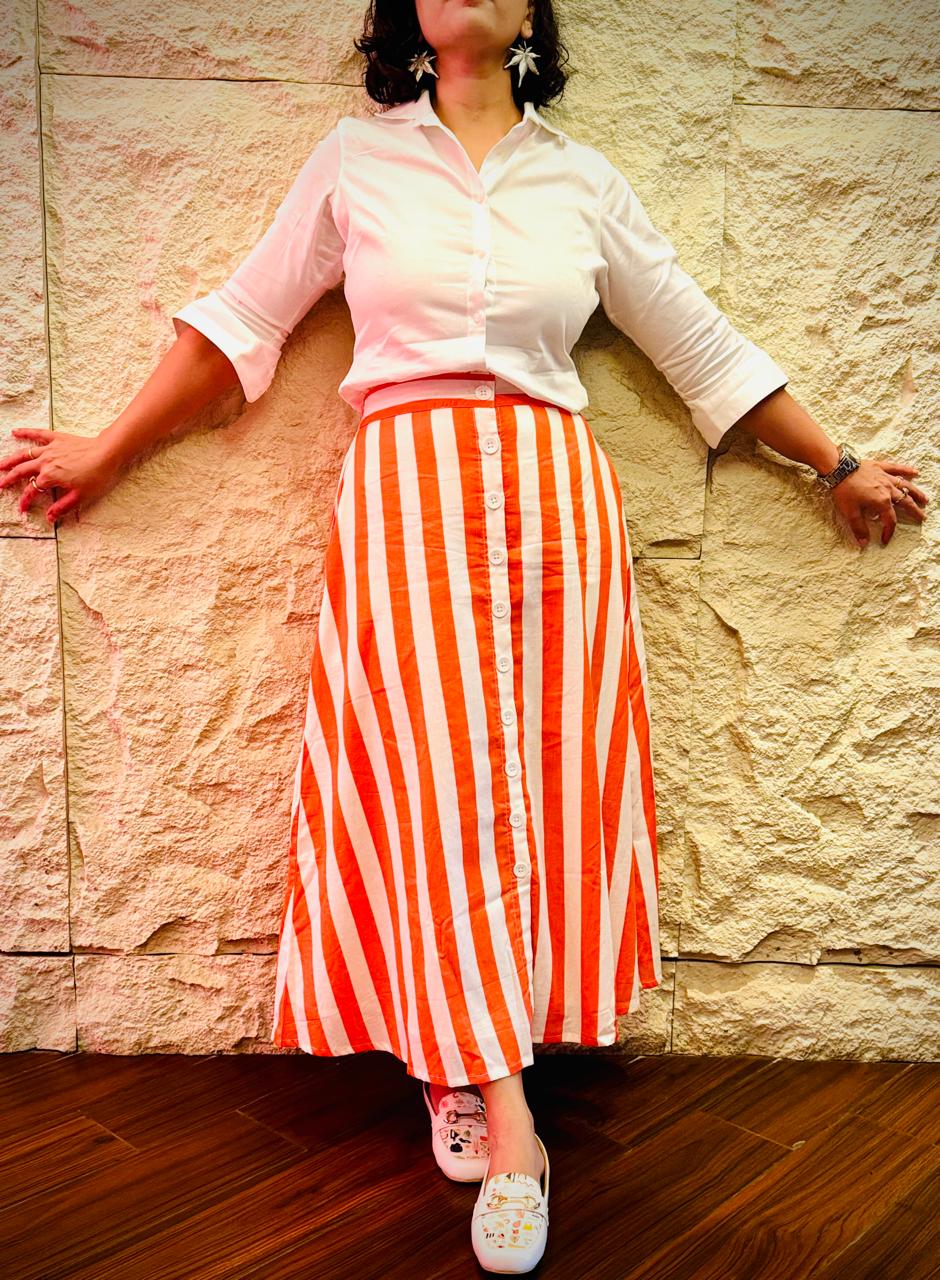 The Stripes Play Midi Skirt in Coral Pink