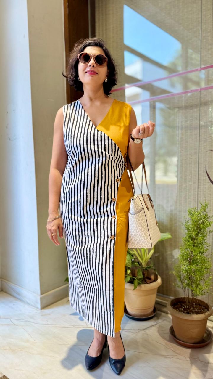 Nine to Five Stripes dress in Mustard Yellow
